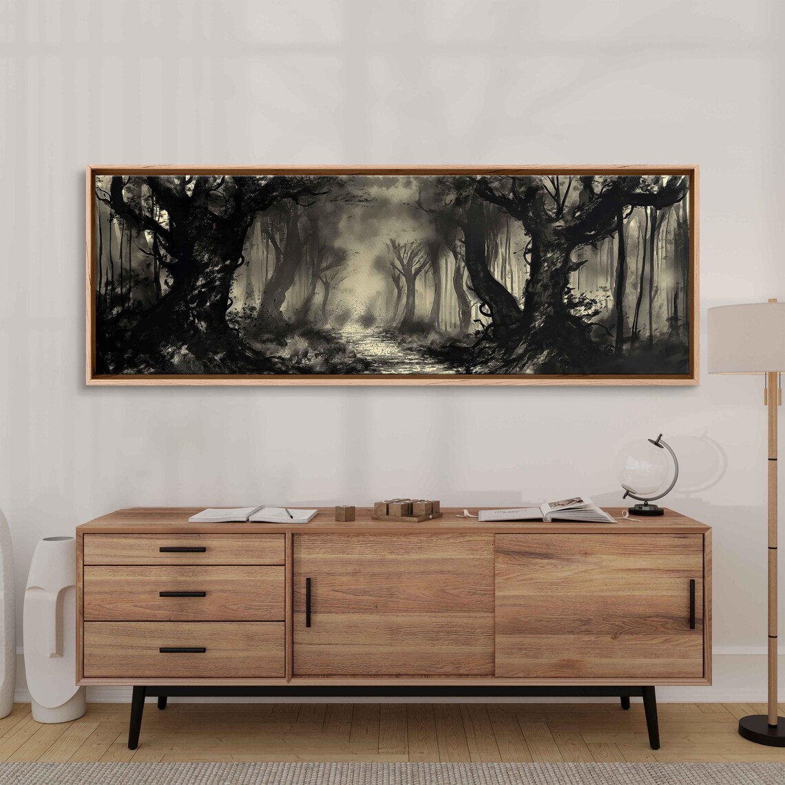 Misty Forest Path Between Dark Trees Panoramic Ink Wash Halloween Poster - Image 3