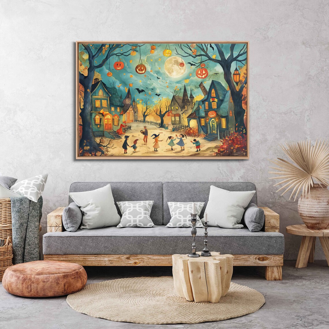 Halloween Village Square Jack O Lanterns Kids Moonlit Night Print