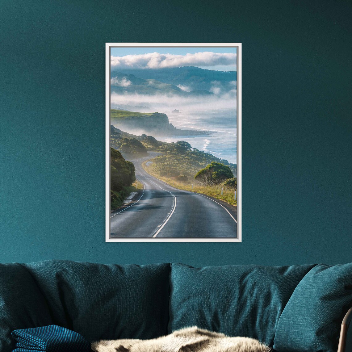 Misty Coastal Highway Winding Through Green Hills Above Ocean Travel Poster - Image 3