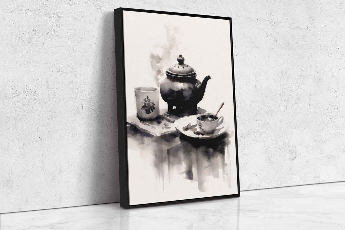 Monochrome Ink Teapot Tea Cups Still Life Zen Art Painting Poster - Image 4