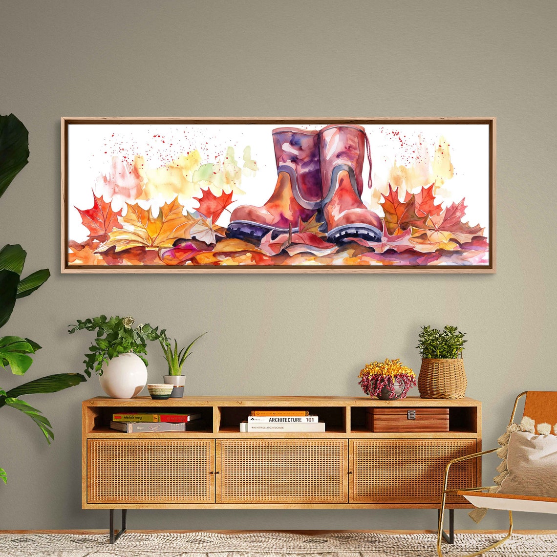 Red Rain Boots Standing On Colorful Fall Leaves Watercolor Poster - Image 3