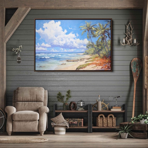 Tropical Beach On A Cloudy Day Impressionist Art Beach House Decor Beach Painting Framed Print Ready To Hang