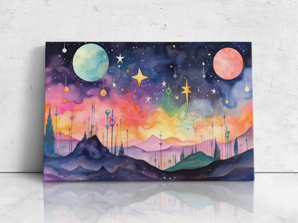Starry Celestial Mountains With Hanging Stars And Twin Moons Print