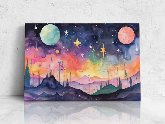 Starry Celestial Mountains With Hanging Stars And Twin Moons Print