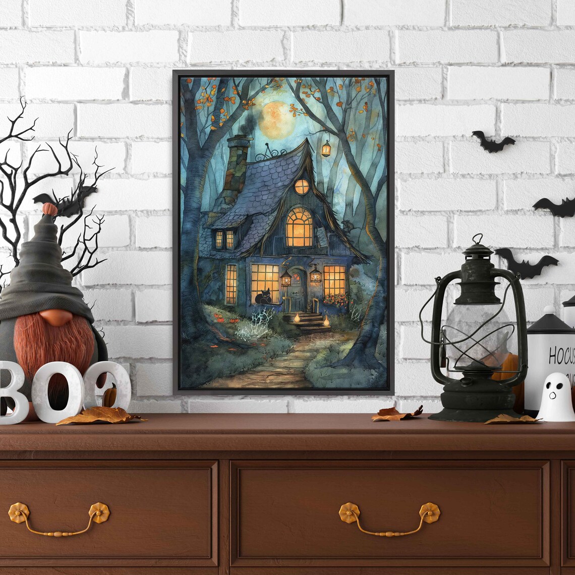 Moonlit Witches Cottage With Glowing Windows Black Cat In Autumn Forest Print - Image 3