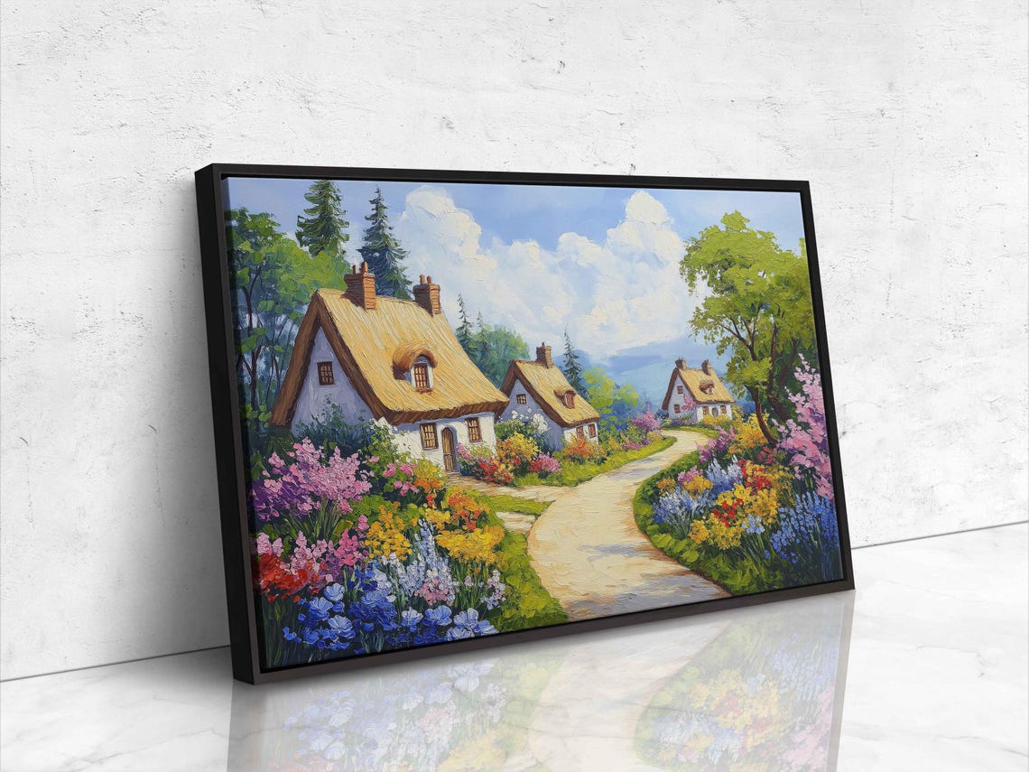 Thatched Roof Village Cottages Spring Garden Winding Path Poster - Image 4