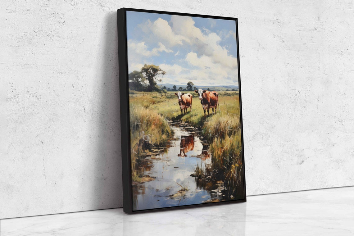Brown Cows By Sunny Stream Pasture Reflections Countryside Art Poster - Image 4