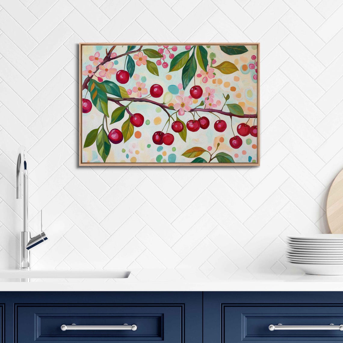 Bright Red Cherries Cherry Blossoms Whimsical Polka Dot Art Poster