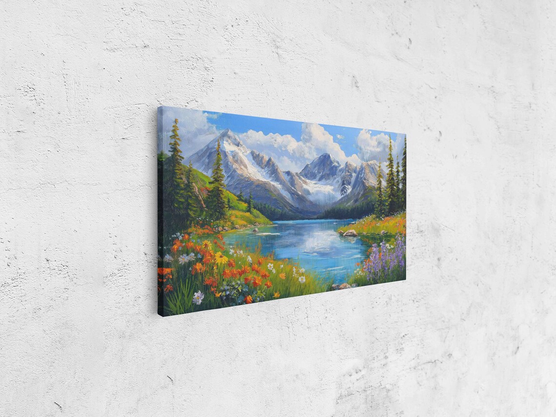 Snowcapped Mountains Above Wildflower Lake with Pine Trees Landscape Poster - Image 4