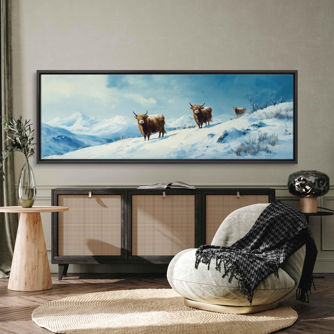Highland Cows Snowy Mountain Winter Scene Cozy Cattle Art Poster