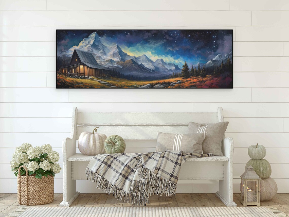 Panoramic Cabin Starry Night Sky Snowy Mountain Golden Meadow Art Poster - Image 2