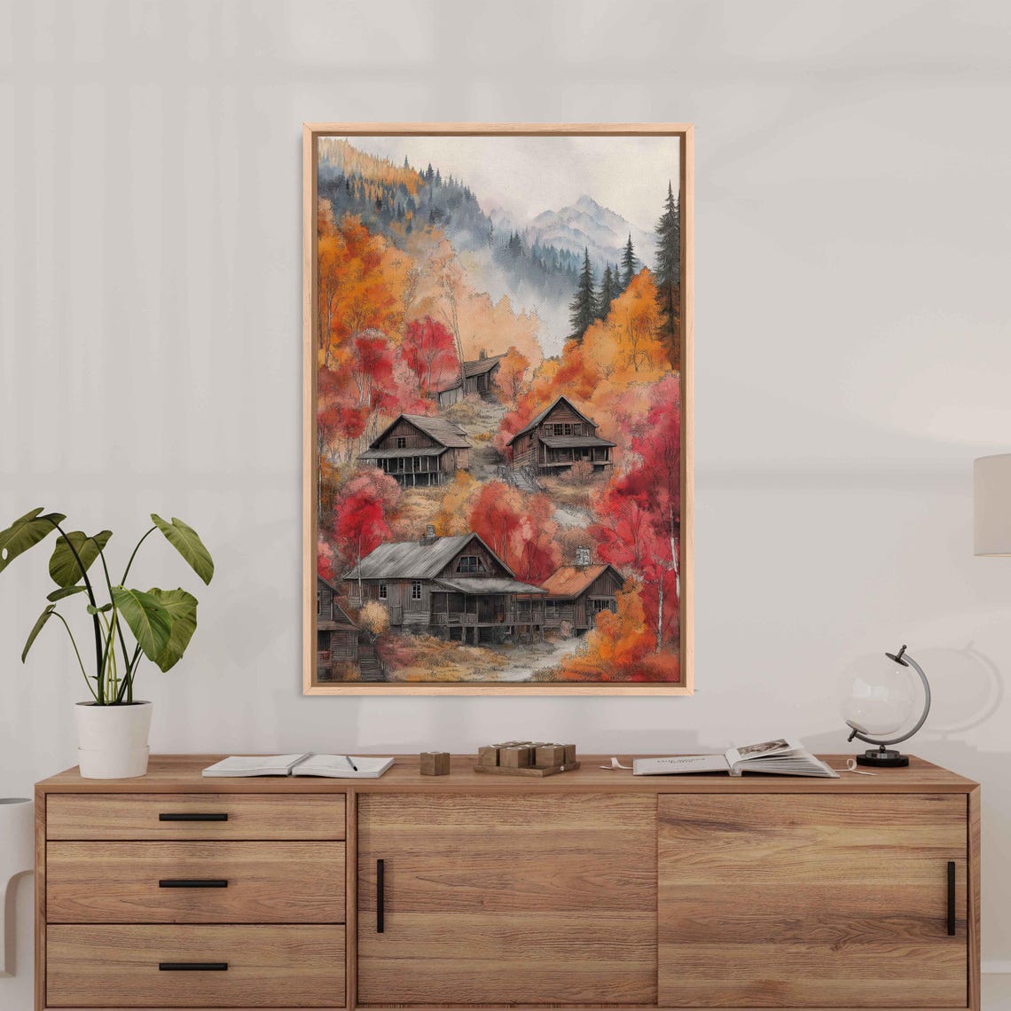 Watercolor Mountain Village Cabins Autumn Foliage Forest Poster - Image 3