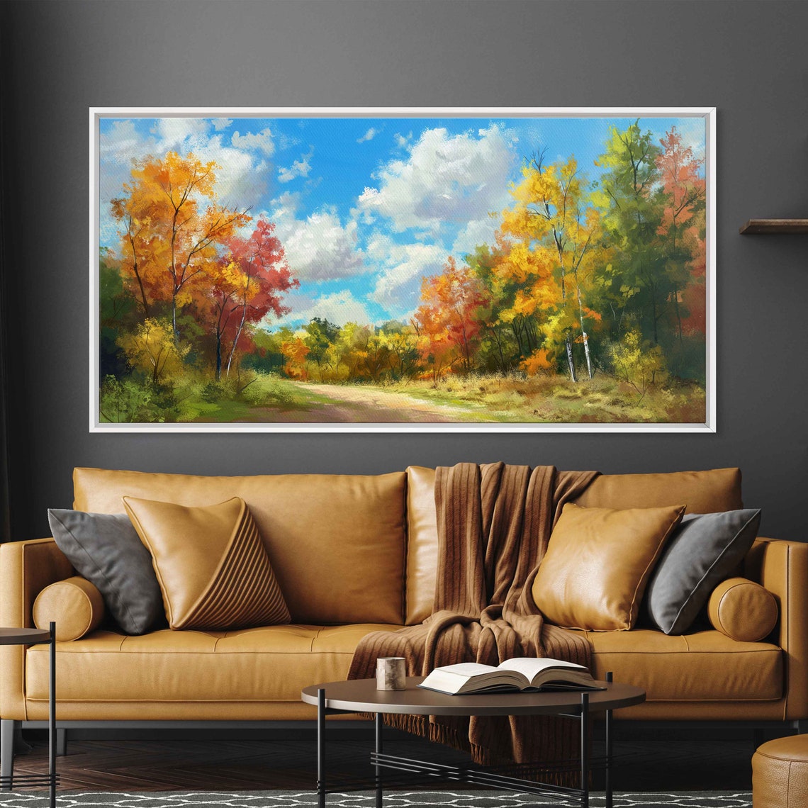 Golden Autumn Forest Path Fall Foliage Under Blue Sky Art Print - Image 2