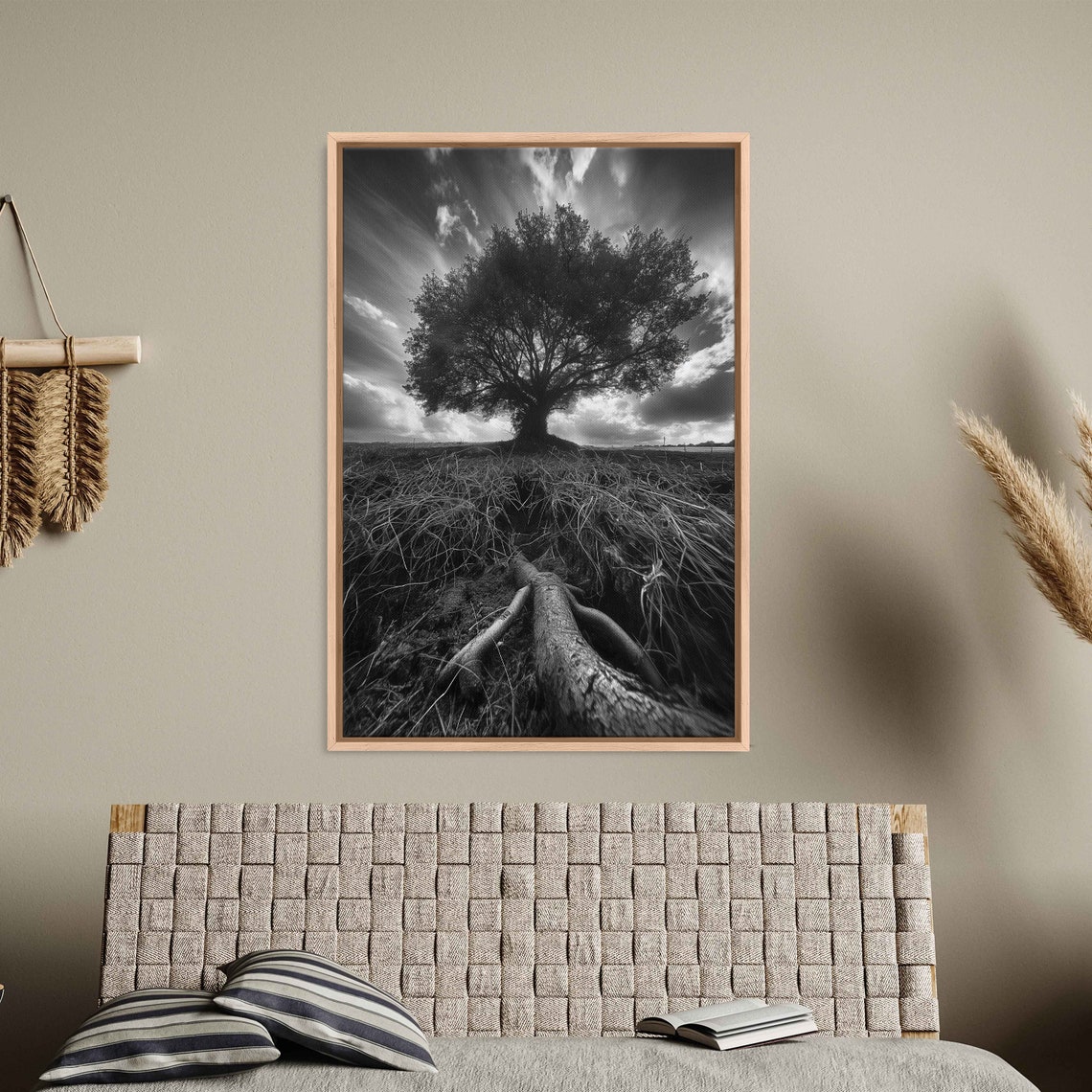 Lone Tree With Exposed Roots Black And White Field Dramatic Sky Poster - Image 3