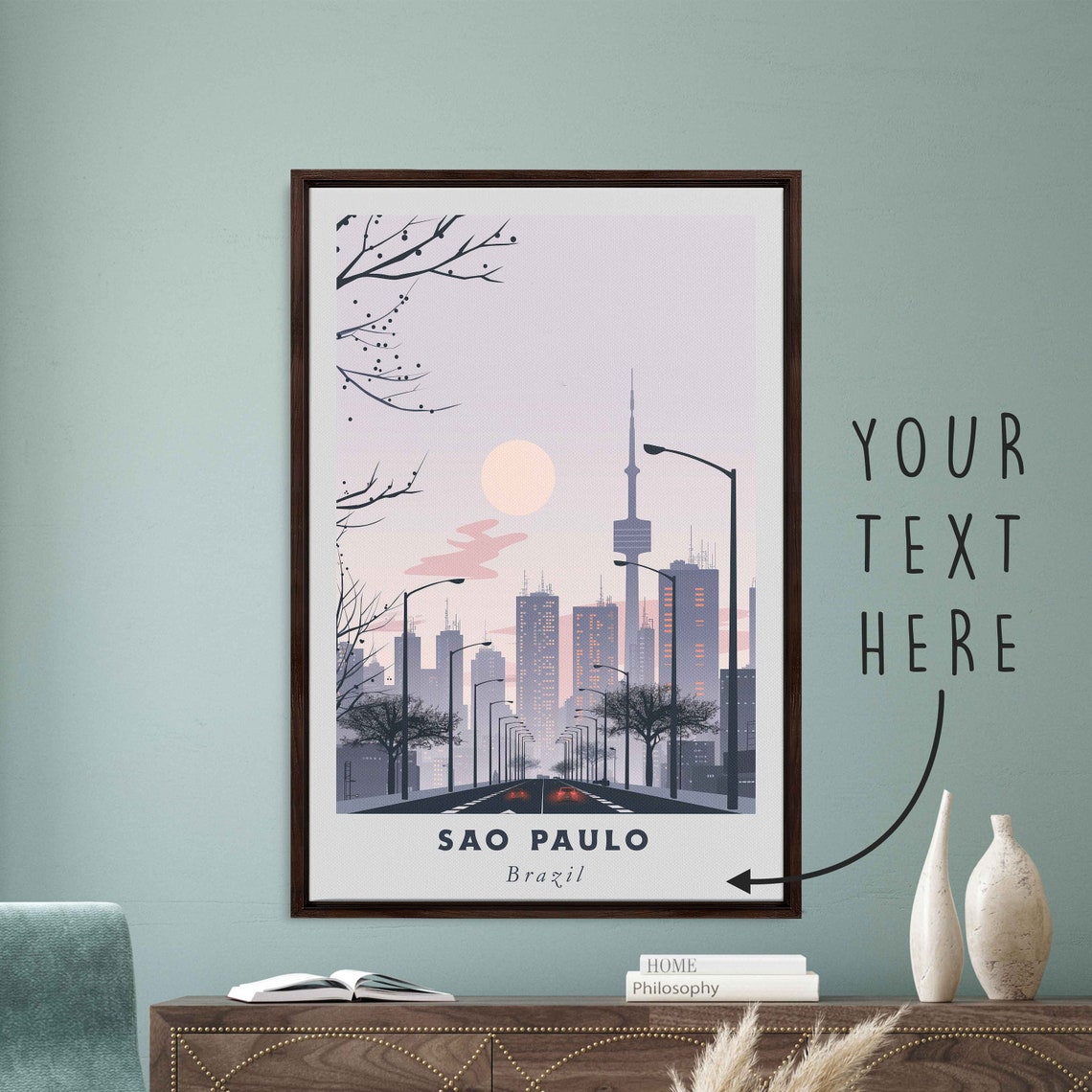 Sao Paulo Brazil Dusk Boulevard Street Lights Tower Minimal Poster