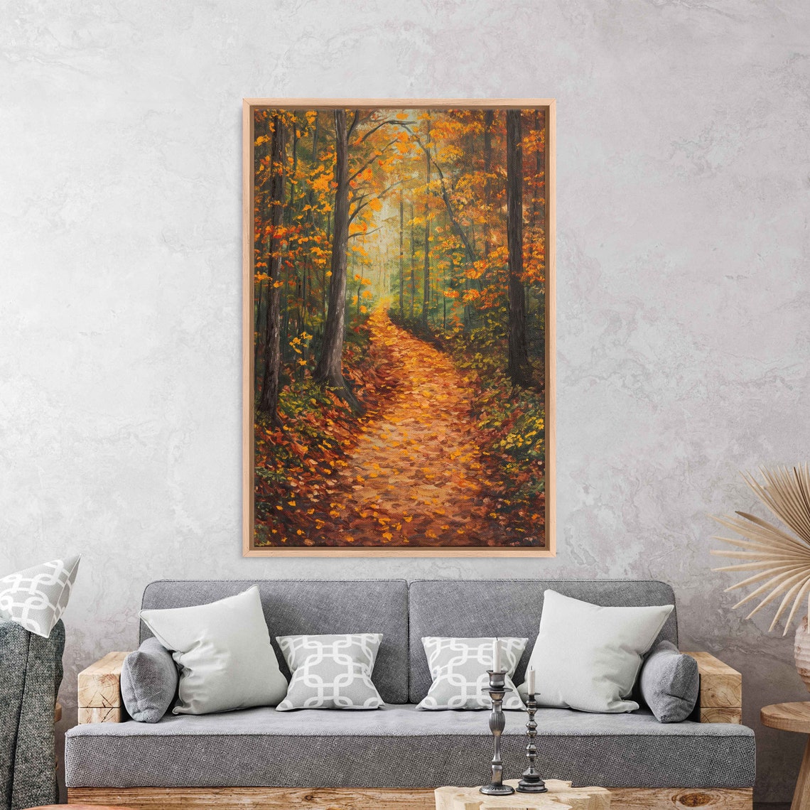 Golden Forest Path Covered In Fallen Leaves Autumn Acrylic Art Poster - Image 3