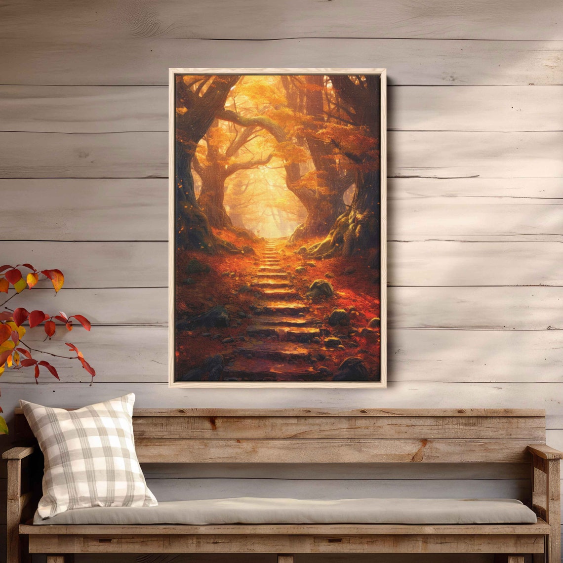 Golden Autumn Forest Path Stone Steps Fall Foliage Travel Poster