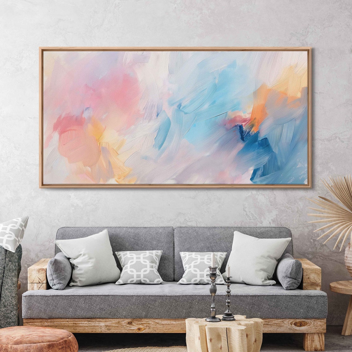 Pink Peach Blue Pastel Swirls Wide Abstract Modern Painting Poster