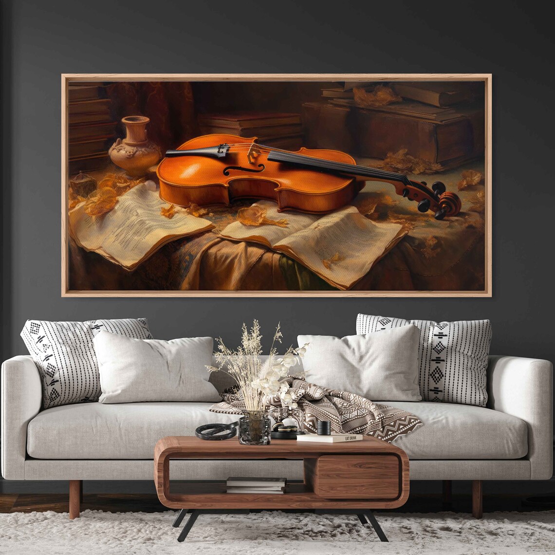Vintage Violin Resting On Sheet Music Books Still Life Painting Print - Image 2