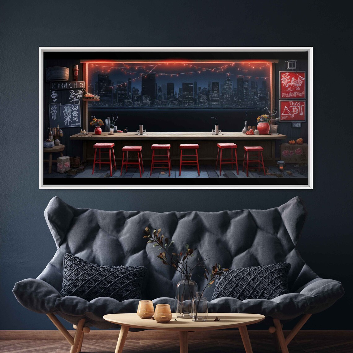 Japanese Izakaya Bar Night City Skyline Neon Japanese Bar Decor Print