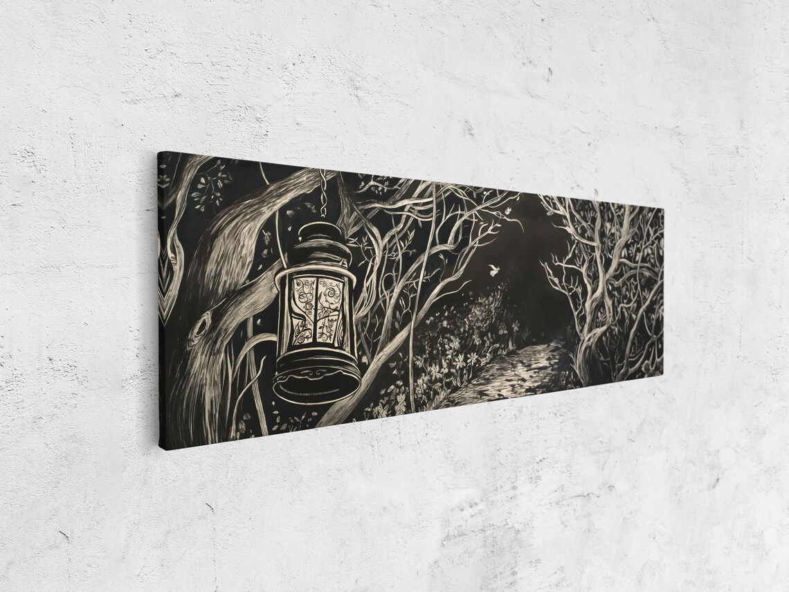 Gothic Lantern Glowing Over Twisted Tree Trail Night Ink Halloween Poster - Image 4