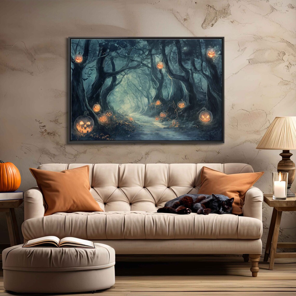 Moonlit Forest Path Lined With Glowing Jack O Lanterns Watercolor Wall Art - Image 3