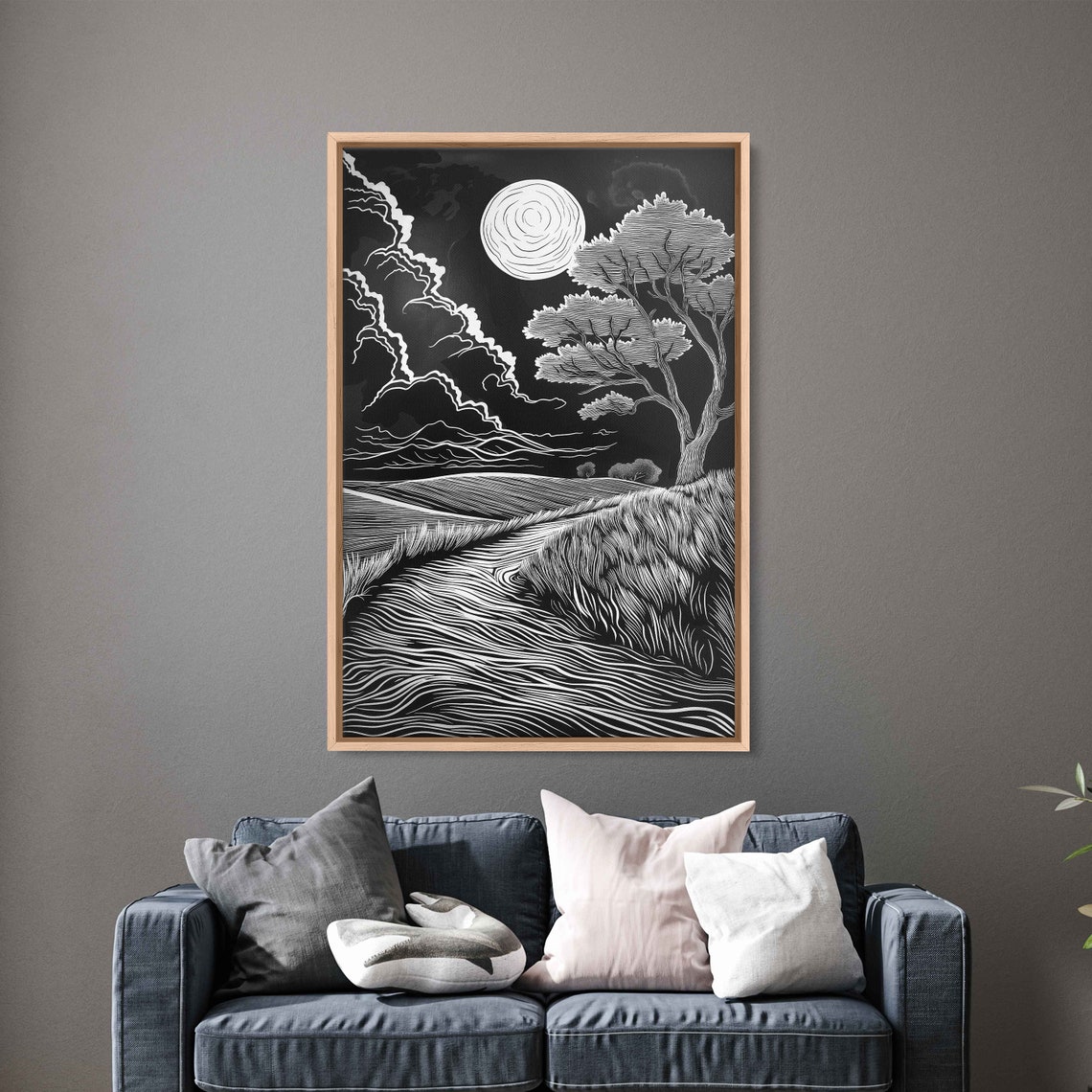 Black And White Moonlit Field Engraving Art Lone Tree Night Print - Image 3