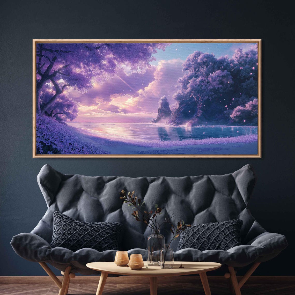 Mystical Blossom Cove Purple Trees Shimmering Twilight Beach Poster