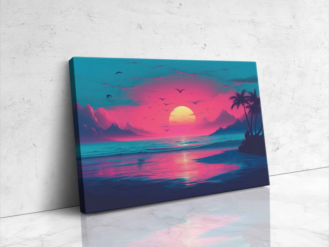 Vaporwave Ocean Sunset With Palms Birds And Pink Sky Retro Wall Art - Image 4