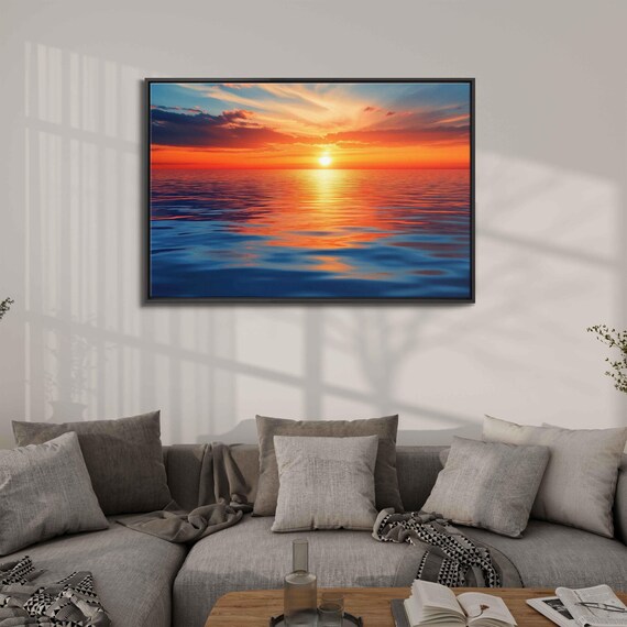 Serene Ocean Sunset Painting Vibrant Orange Deep Blue Calm Waves Wall Art