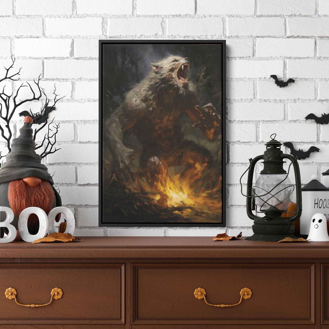 Ferocious White Werewolf Lunging From Firelight Horror Art Print