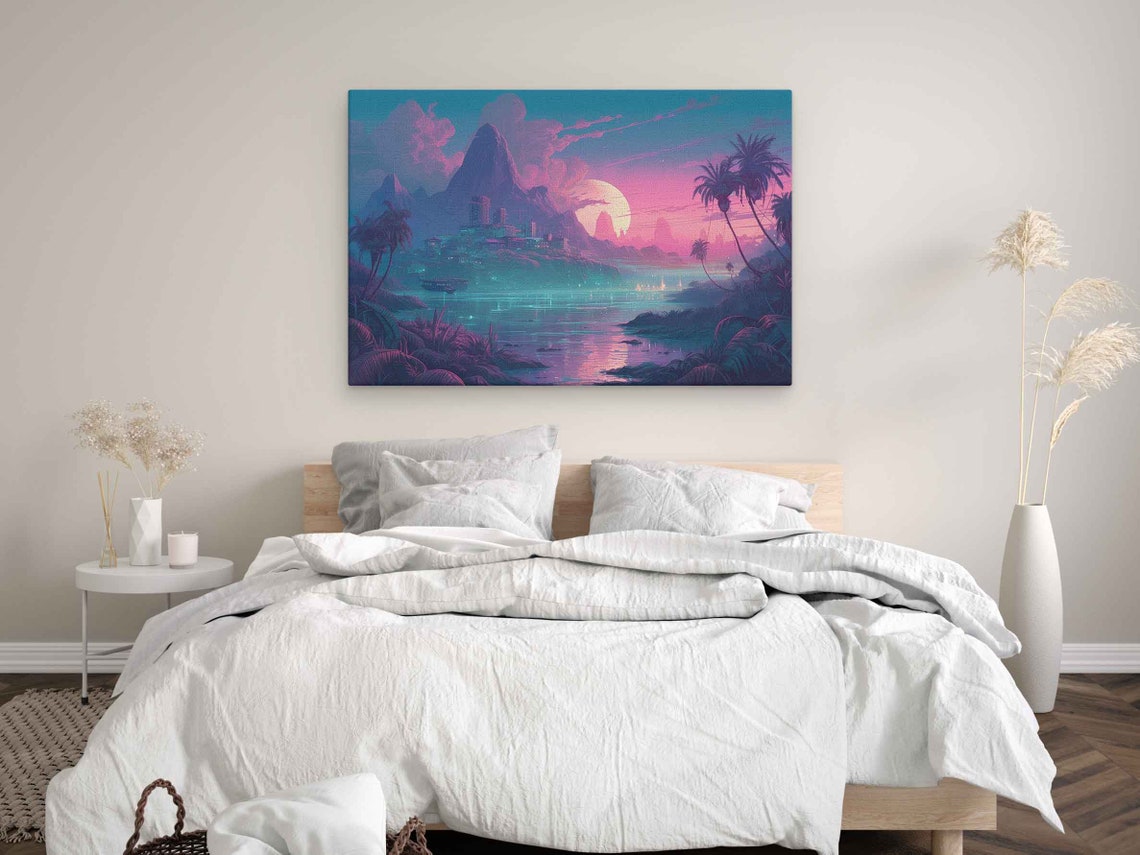 Pastel Color Island Vaporwave Landscape Art Illustration On Framed Ready To Hang Video Game Room Decor - Image 3