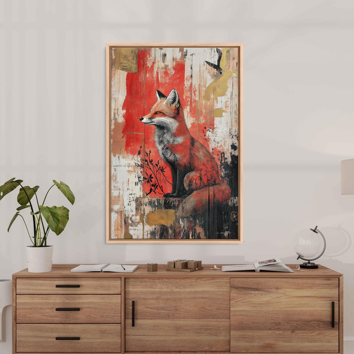 Red Fox Sitting Elegant Collage Gold Leaf Red Black Abstract Animal Poster