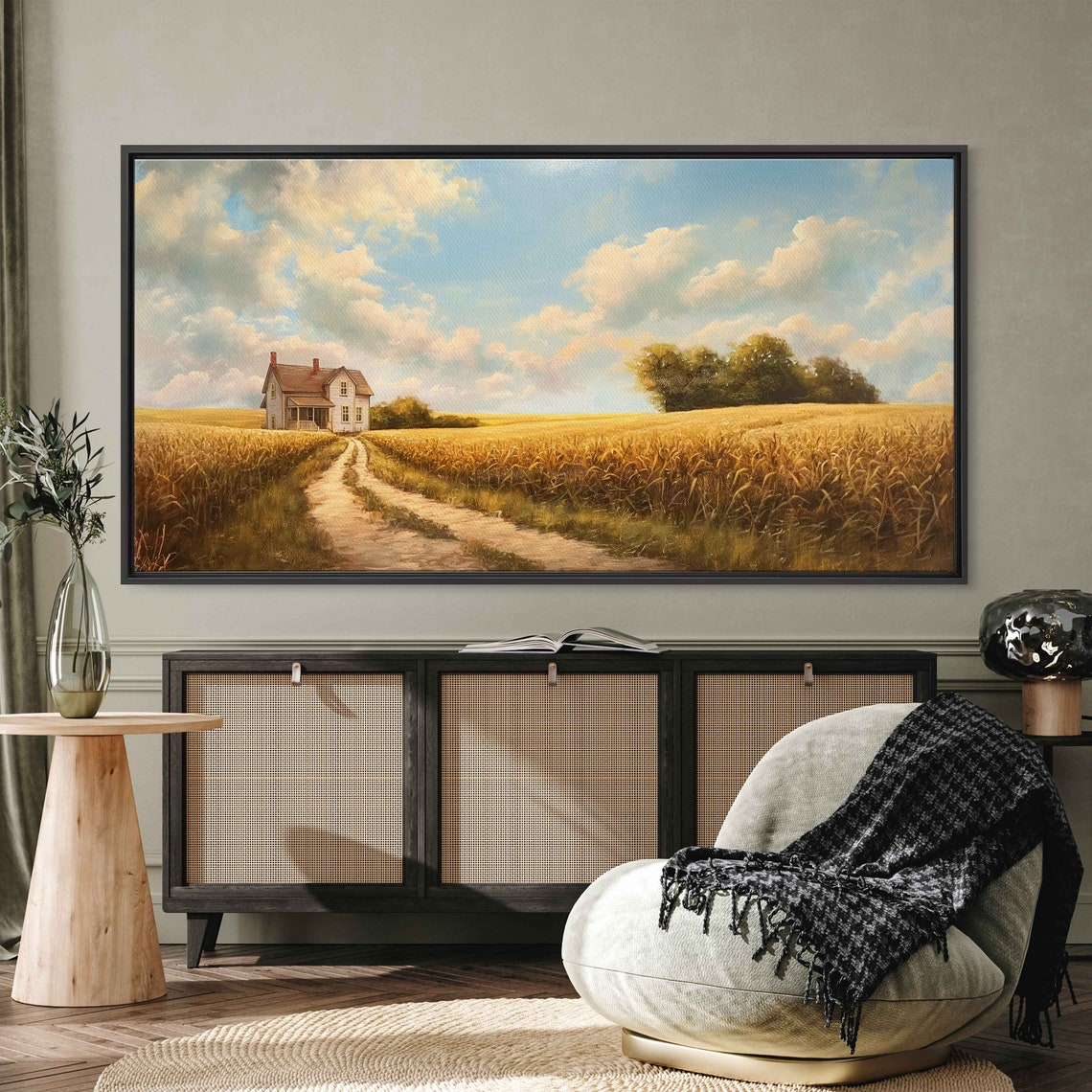 Farmhouse Dirt Road Through Golden Wheat Field Soft Cloudy Sky Art - Image 3