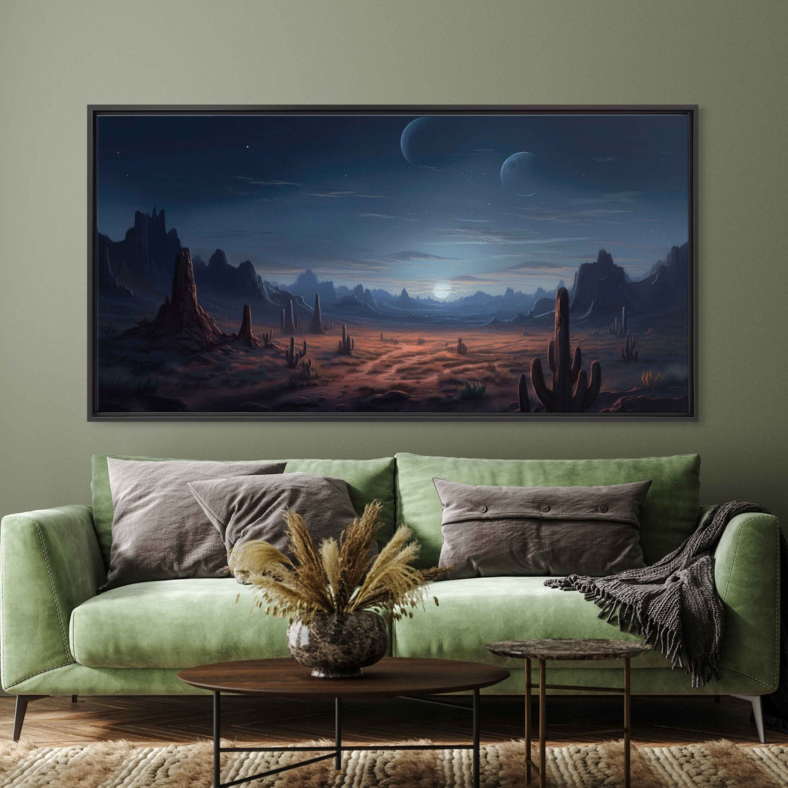 Double Moon Desert Night Sky Mesa Silhouettes Western Art Poster - Image 3