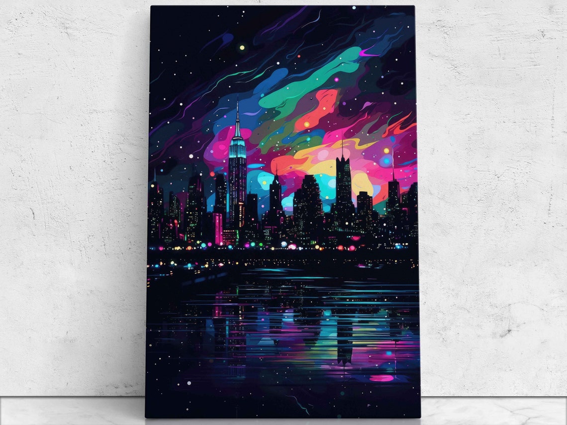 Neon Comic City Skyline Night River Lights Starry Art Poster