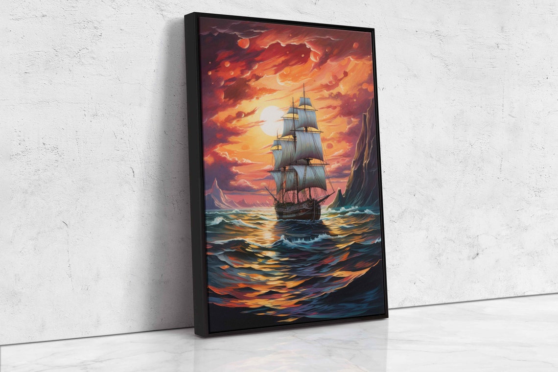 Tall Ship Ocean Sunset Dramatic Cliffs Impressionist Painting Poster - Image 4