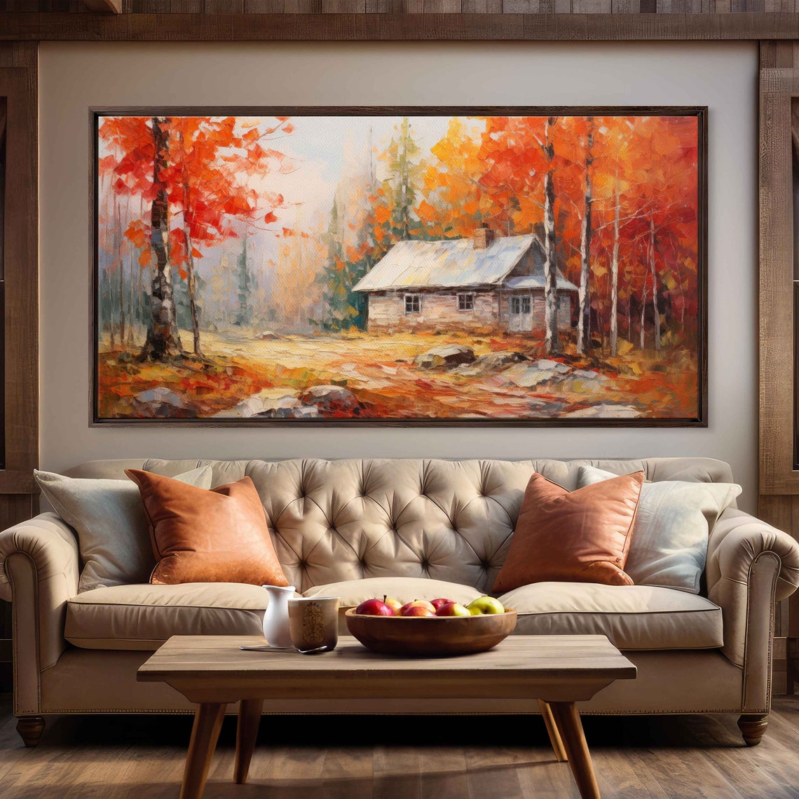 Autumn Cabin Birch Trees Red Orange Foliage Forest Impressionist Print