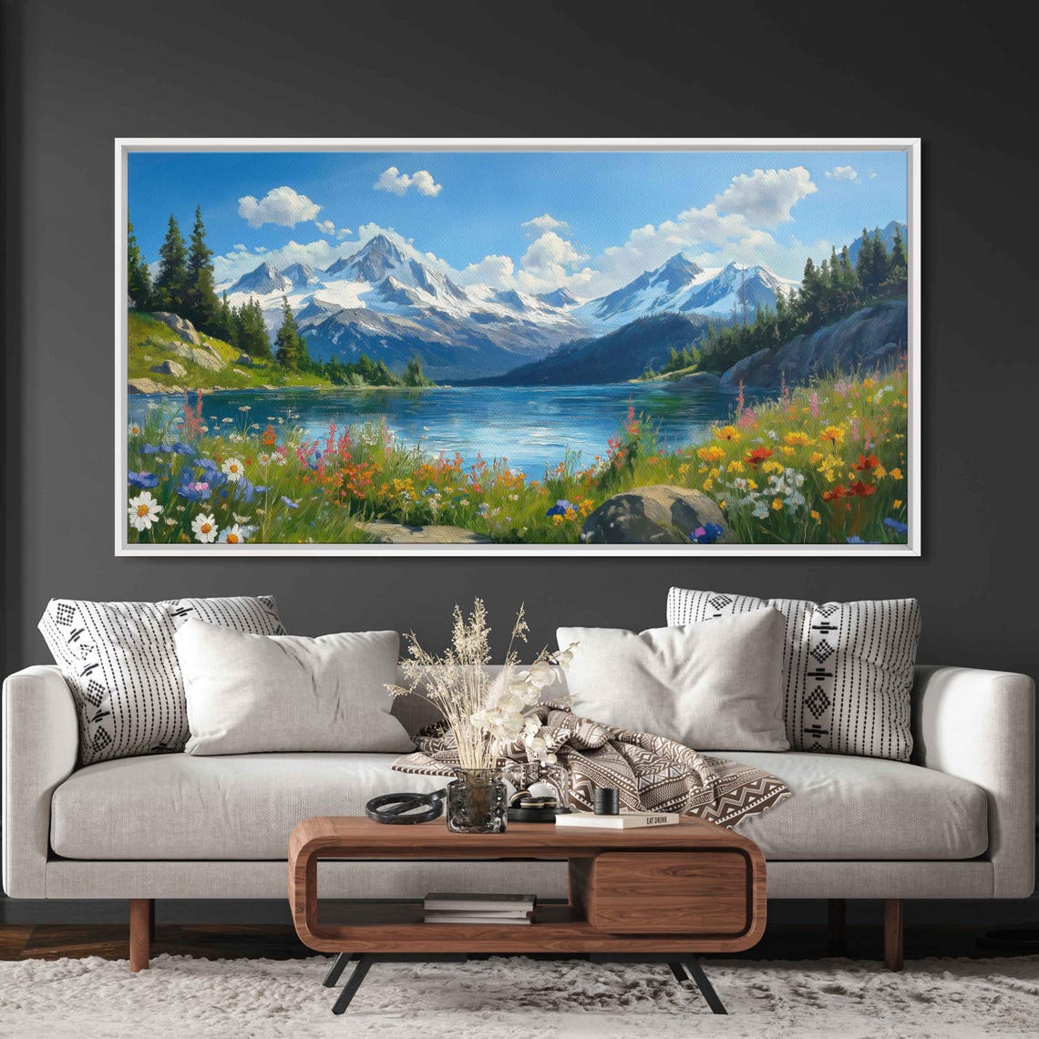 Snow Capped Peaks Alpine Lake Wildflower Meadow Sunny Poster