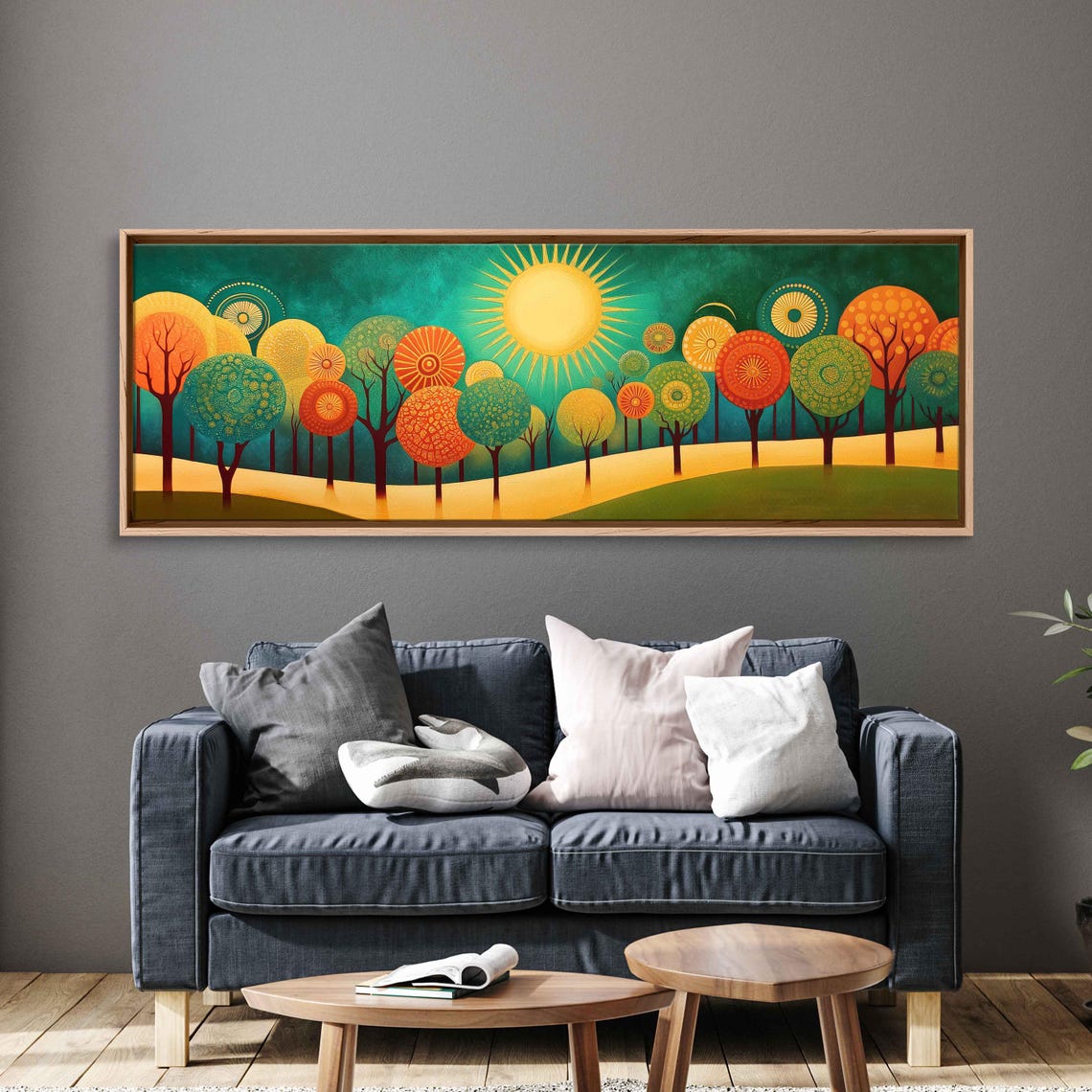 Art Deco Landscape Wall Art Print Enchanting Trees Vibrant Sunbursts Organic Design