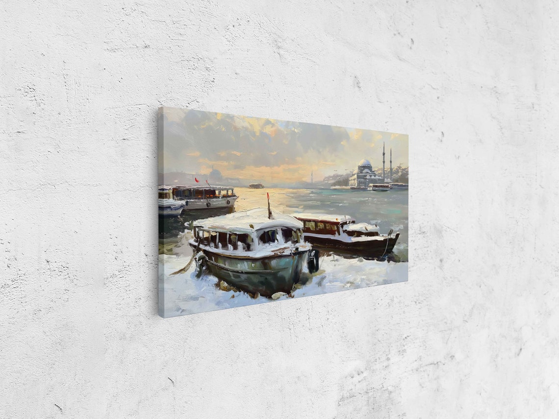 Snowy Winter Harbor Docked Boats Mosque Across Water Scenic Wall Art - Image 4