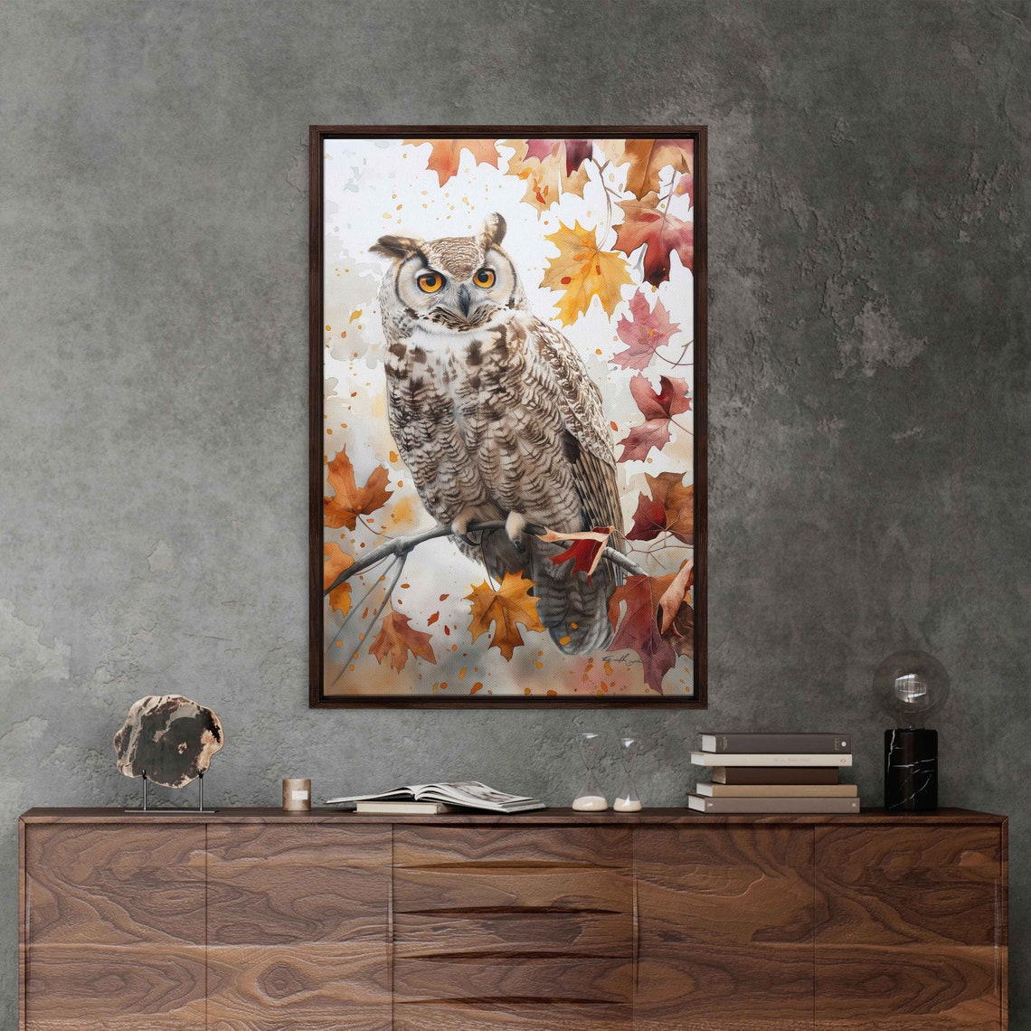 Great Horned Owl Perched On Branch With Autumn Leaves Art Poster - Image 3