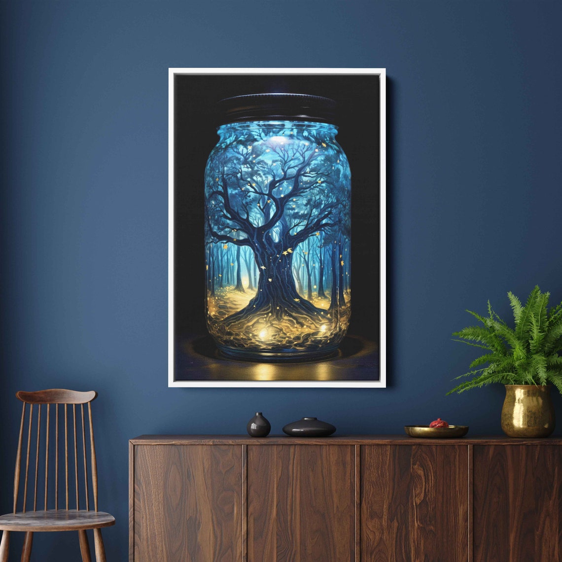Magical Tree In Glass Jar Fireflies Moonlit Blue Forest Wall Art Print