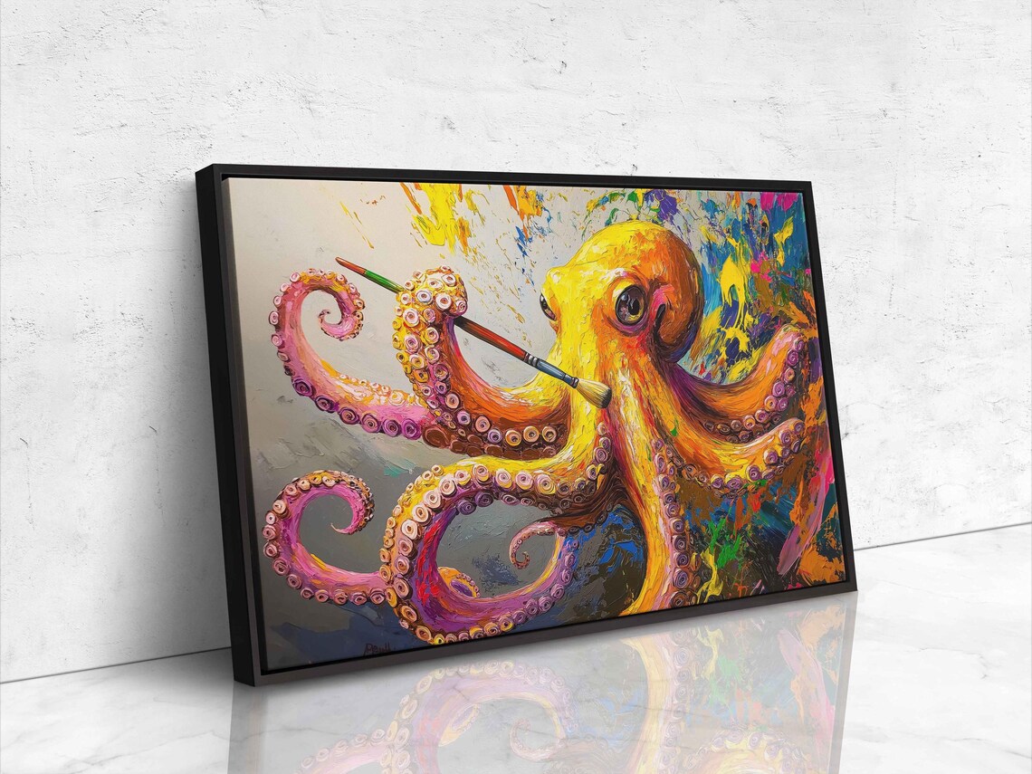 Whimsical Octopus Painting Wall Art Print Colorful Masterpiece Bright Yellow And Orange - Image 4