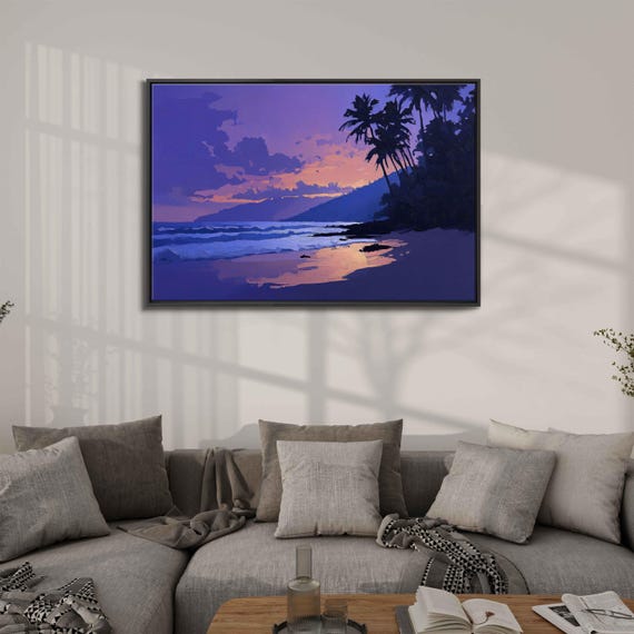 Tranquil Beach Scene At Dusk Wall Art Print Silhouetted Palm Trees Soft Purples And Blues