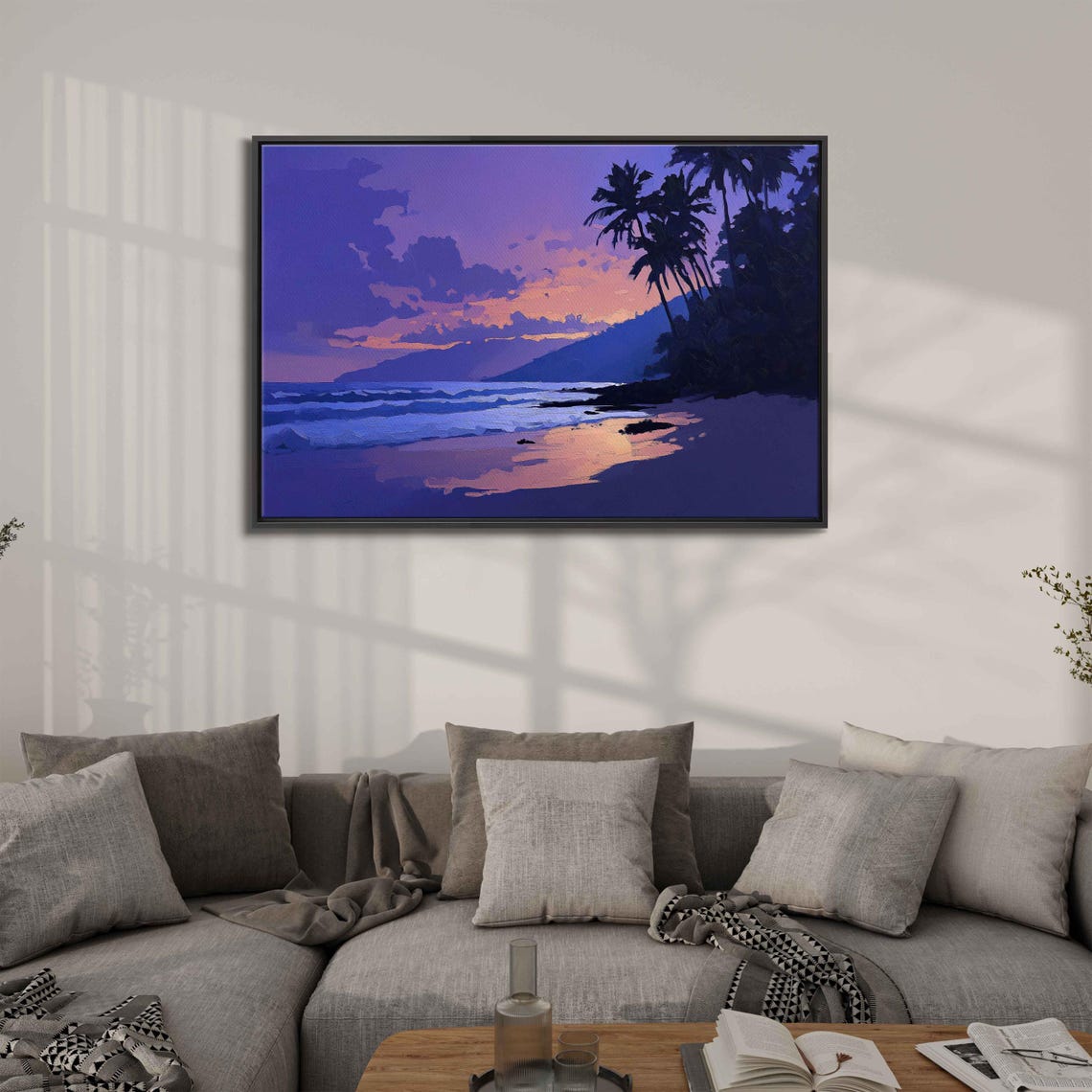 Tranquil Beach Scene At Dusk Wall Art Print Silhouetted Palm Trees Soft Purples And Blues