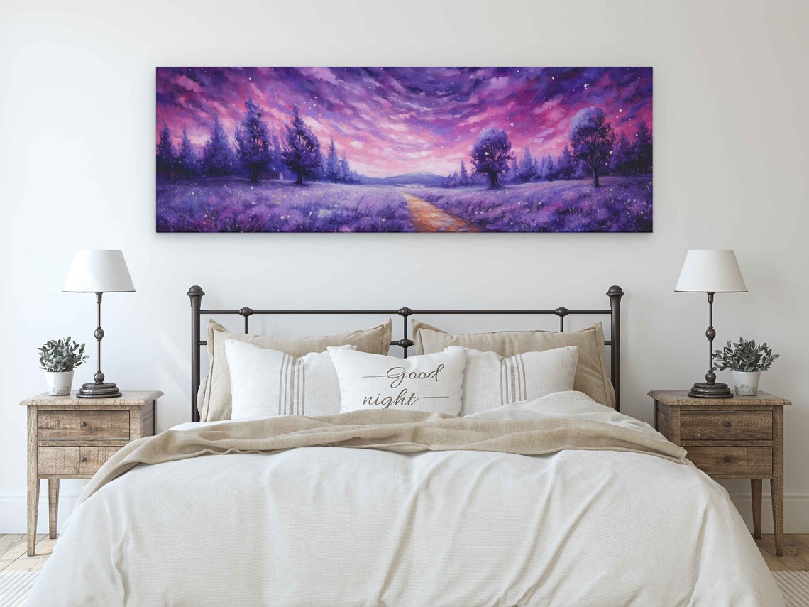 Lavender Field Pink Starry Night Sky Winding Path Panoramic Art Print - Image 3
