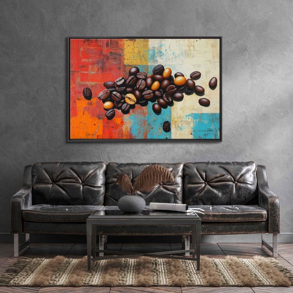Coffee Beans On Abstract Wall Art Print Coffee Lover Gift For Her Kitchen Wall Art Bright Colors Ready To Hang