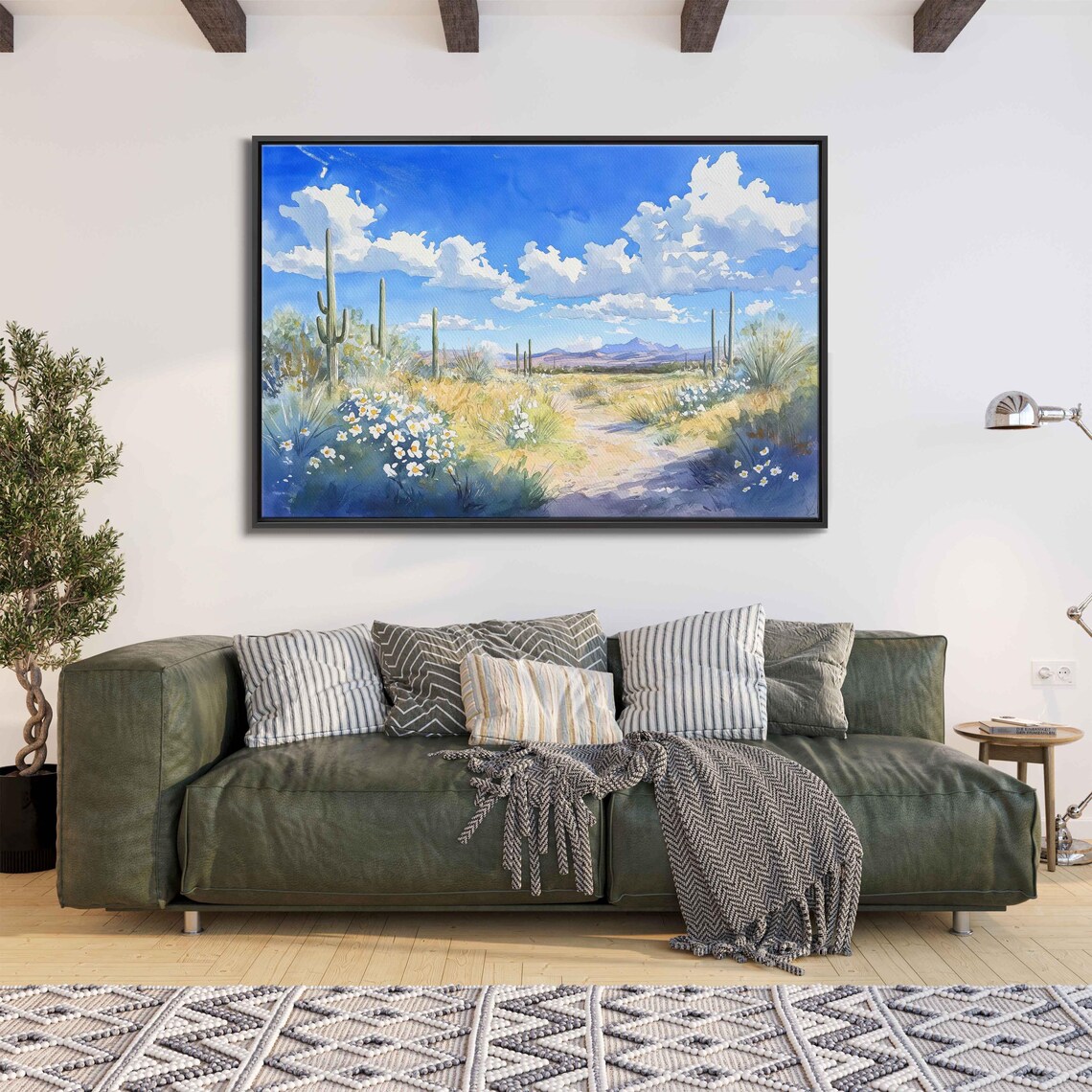 Desert Cacti Wildflowers Watercolor Blue Sky Serene Trail Art Poster