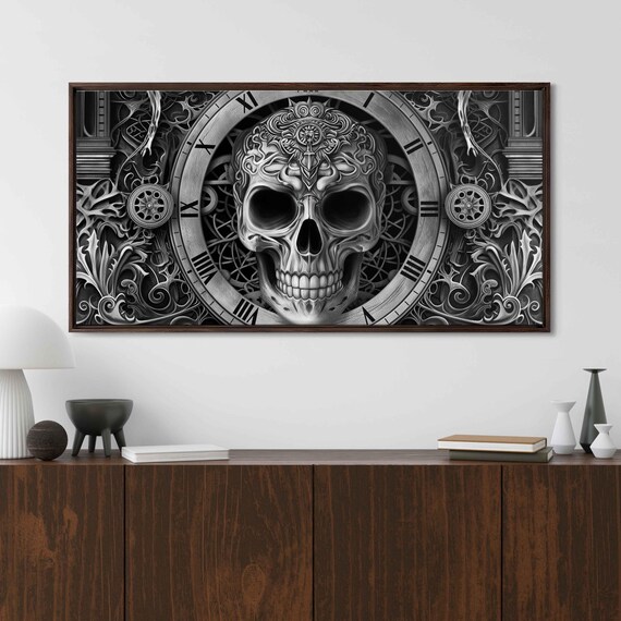 Ornate Skull Clock Roman Numerals Gears Baroque Ink Art Halloween Poster